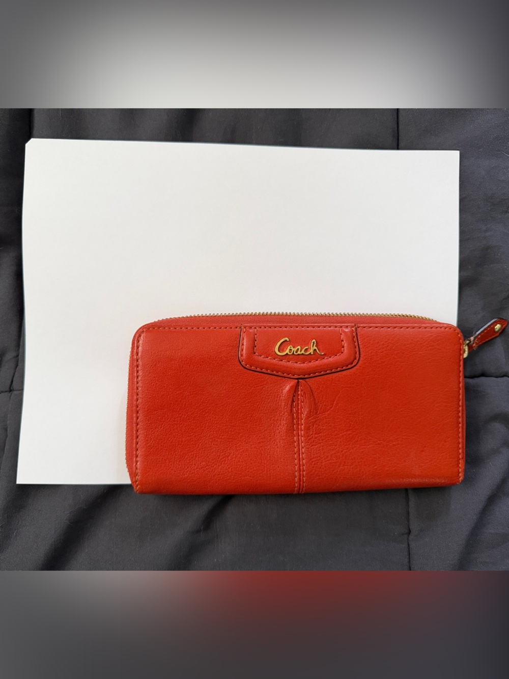 Coach Orange-Red Leather Zip Wallet with Gold Logo Plate